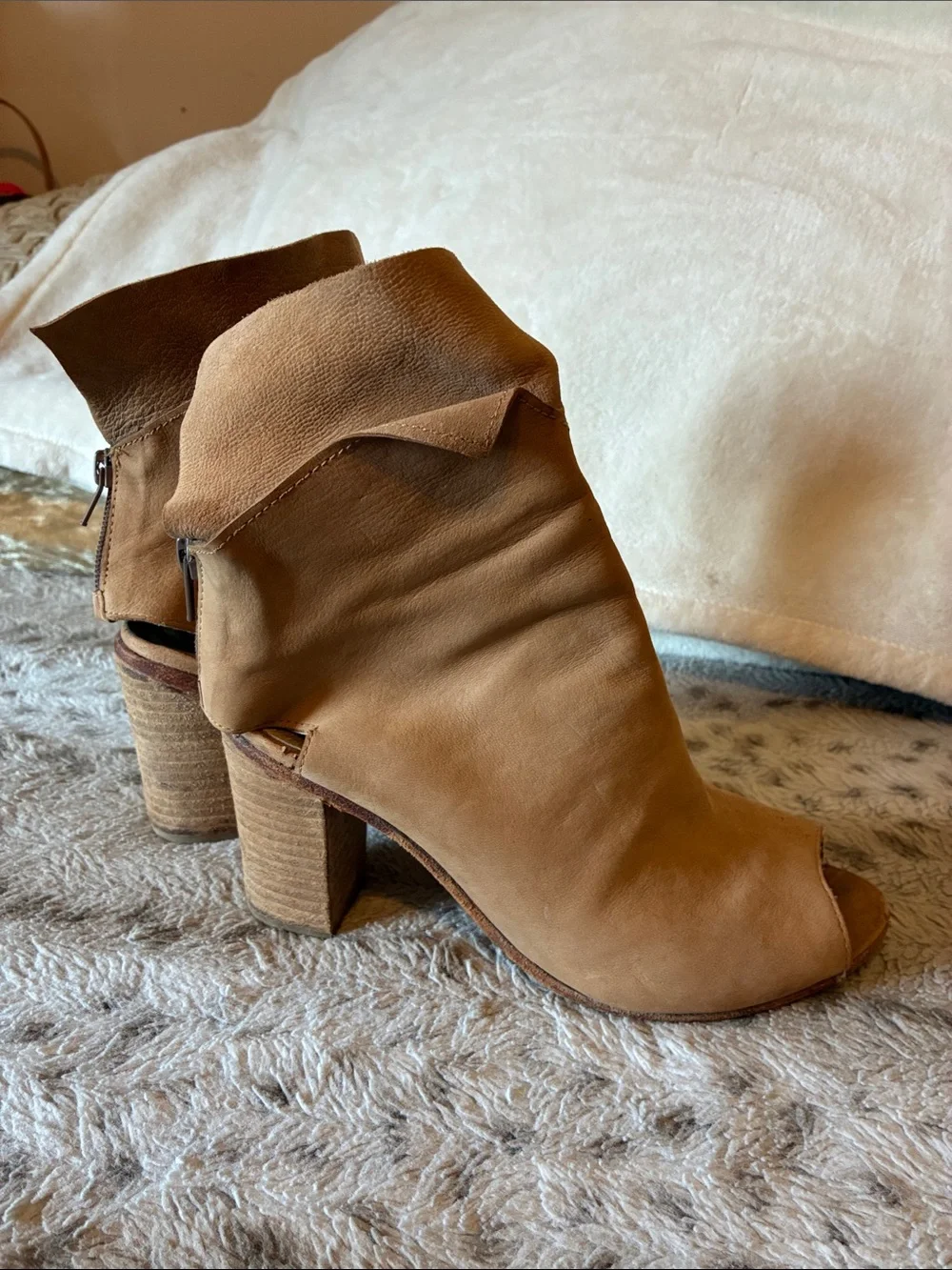 Free People Tan Suede Peep-Toe Stacked Heel Booties- Size 38